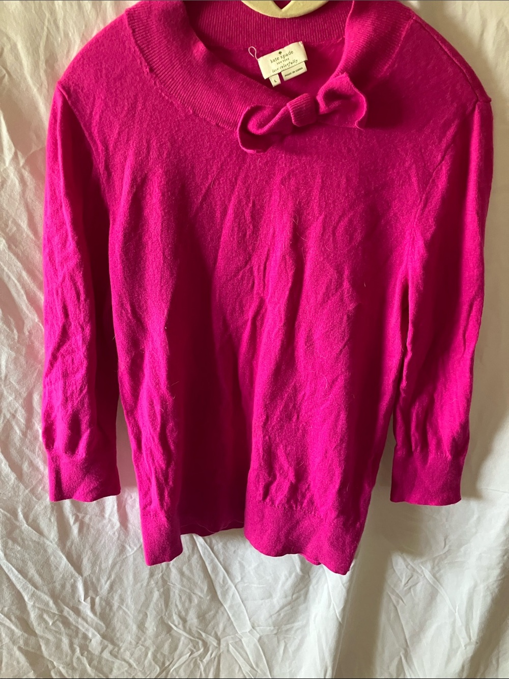 kate spade: Hot Pink Bow-Neck Wool/Cashmere Turtleneck Sweater- L